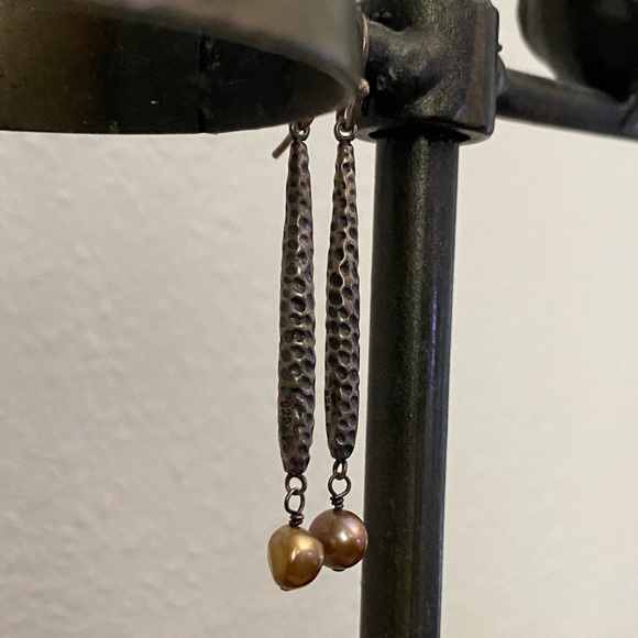 Silpada Hammered Sterling Silver 925 Bar Bronze Pearl Dangle Earrings Retired - Picture 4 of 10